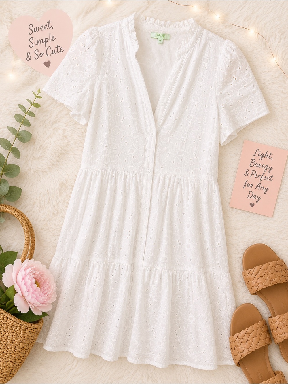 Jade by Melody Tam White Cotton  Eyelet Lace Dress XS Lined Short Sleeve (a1)